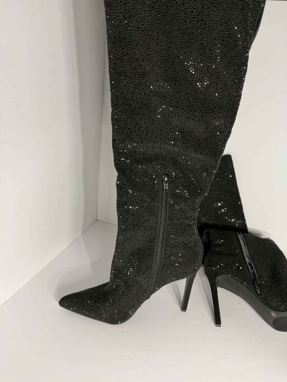 INC International Concepts Black Over-The-Knee Rhinestone Stiletto Boots - Picture 4 of 15